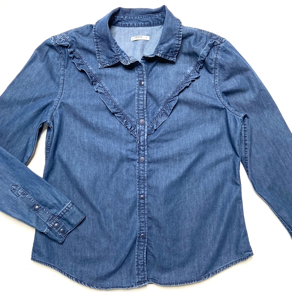 Gap 1969 Denim Ruffle Western Snap Down Shirt Size Medium